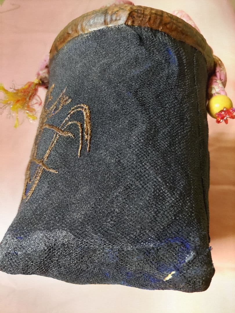 一閑張り籠　バッグ　インテリア　紺色　花模様　茶　柿渋　古書（209）