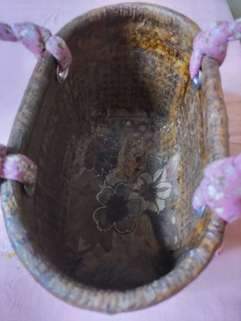 一閑張り籠　バッグ　インテリア　紺色　花模様　茶　柿渋　古書（209）