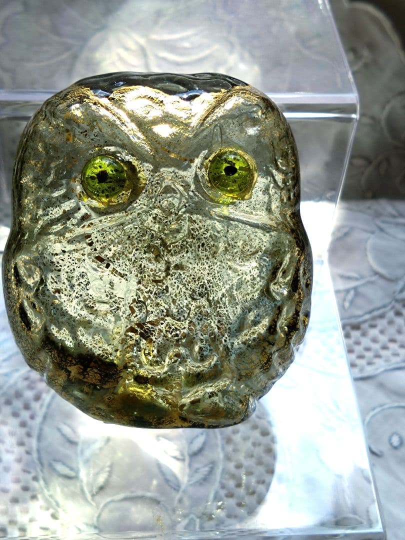 ムラーノガラス　置物　オーナメント　ふくろう　ゴールドグリーン　ベネチアンガラス