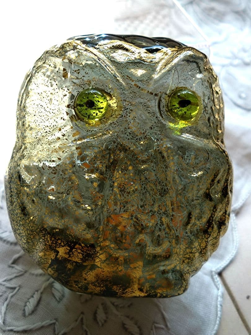 ムラーノガラス　置物　オーナメント　ふくろう　ゴールドグリーン　ベネチアンガラス