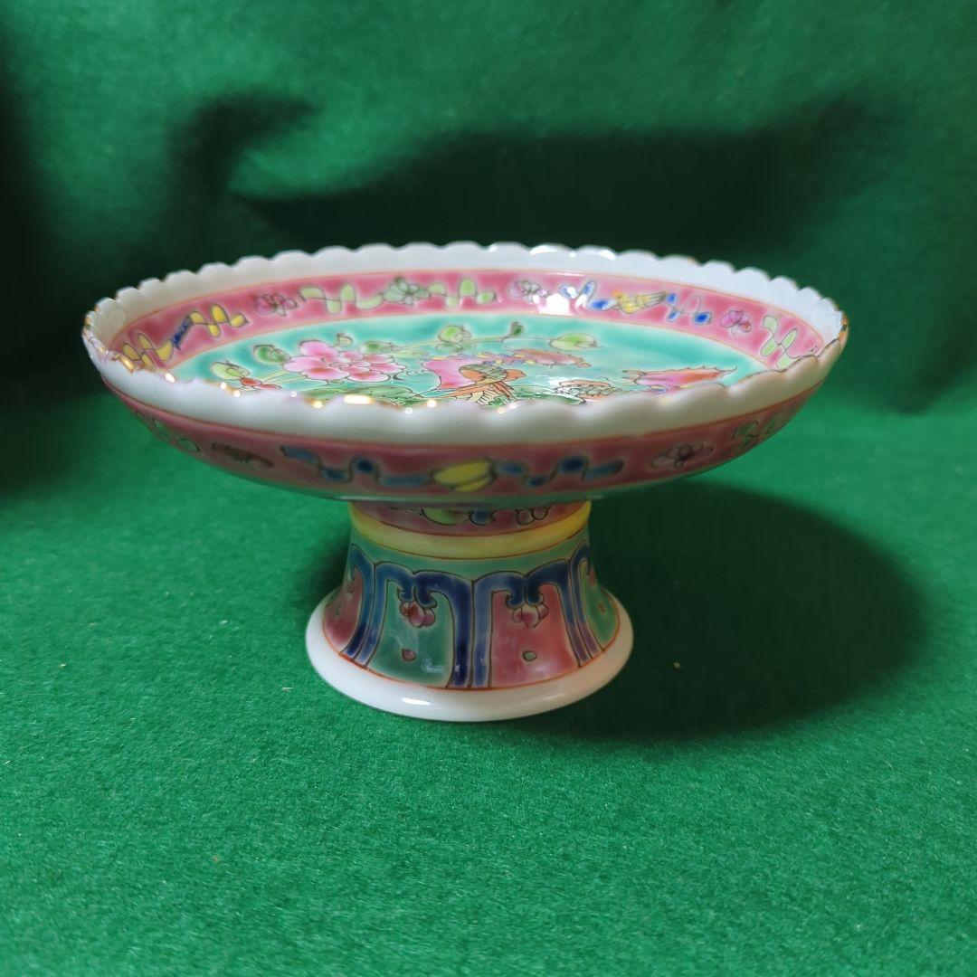 プラナカン 陶磁器 高脚皿 色鮮やかな花と龍