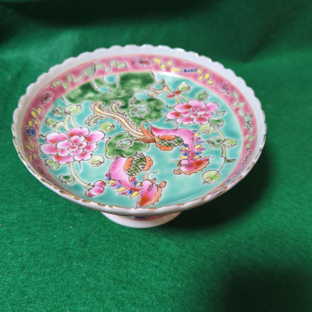 プラナカン 陶磁器 高脚皿 色鮮やかな花と龍