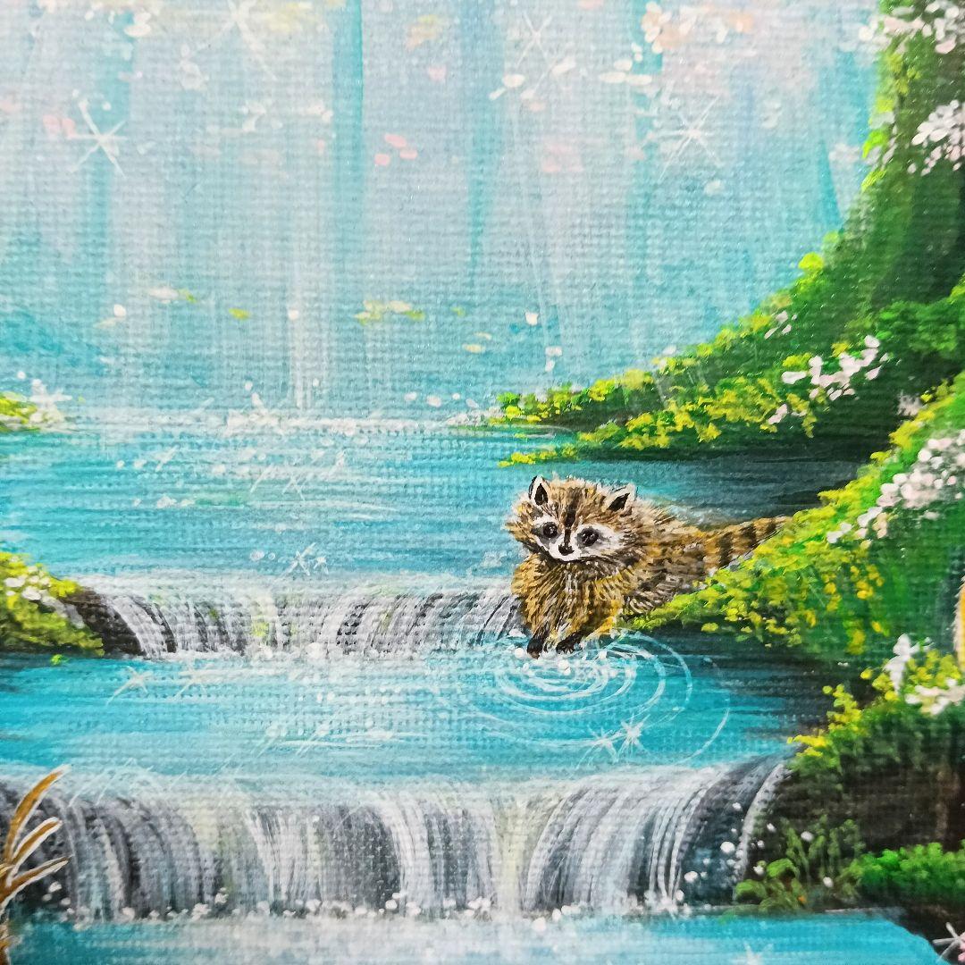 No.580　F3　アクリル画　 動物の森　春の森　風景画　絵画　風景画　桜