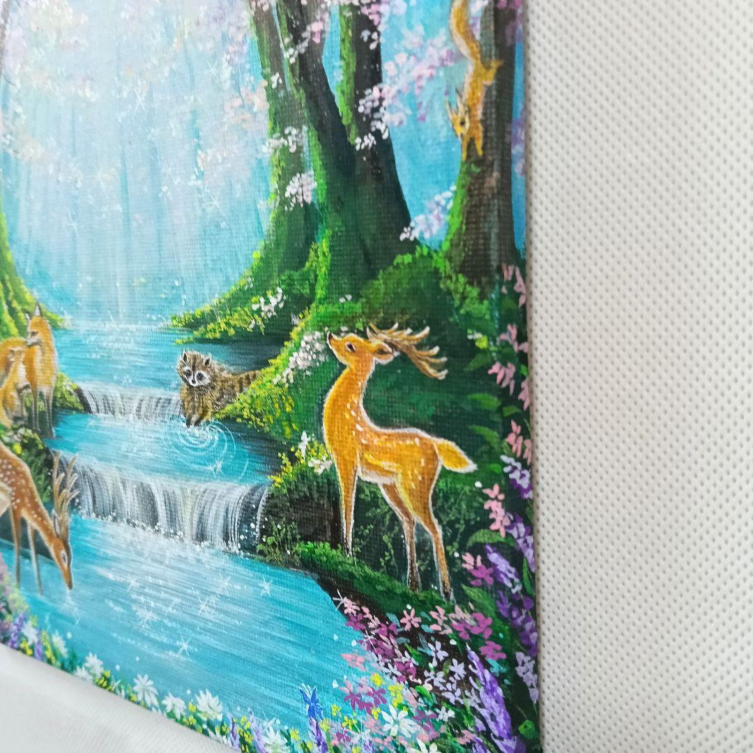 No.580　F3　アクリル画　 動物の森　春の森　風景画　絵画　風景画　桜