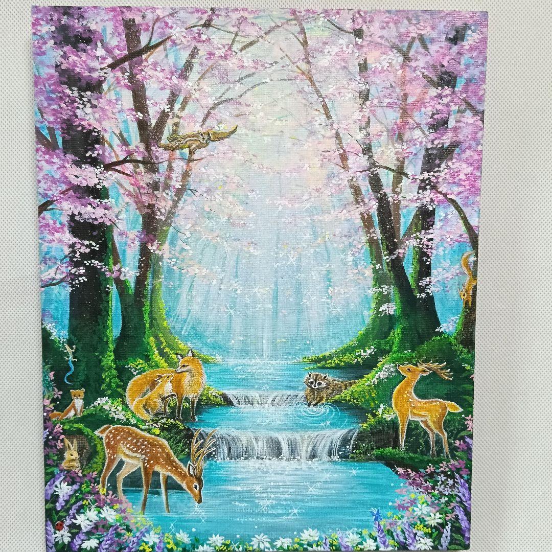 No.580　F3　アクリル画　 動物の森　春の森　風景画　絵画　風景画　桜