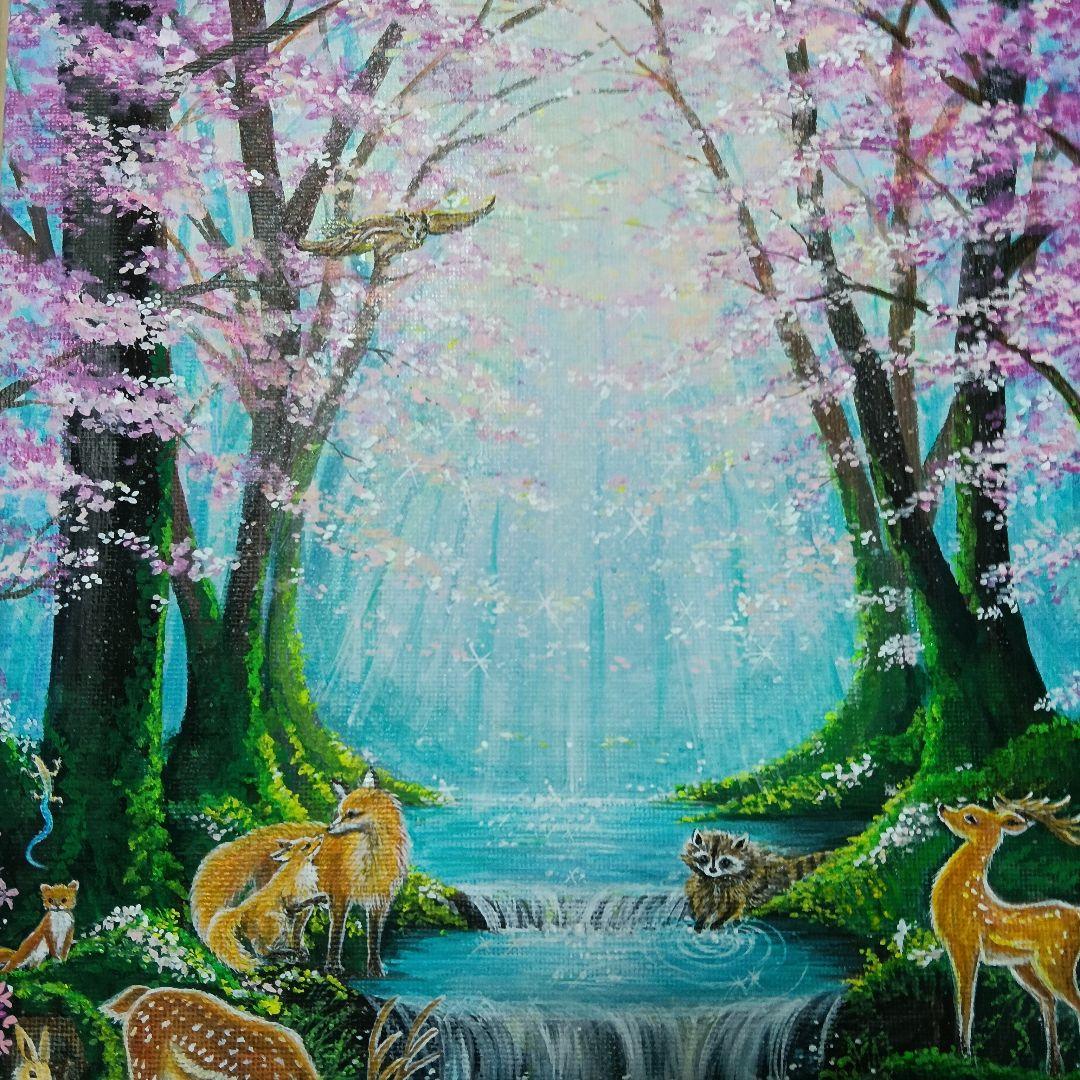 No.580　F3　アクリル画　 動物の森　春の森　風景画　絵画　風景画　桜
