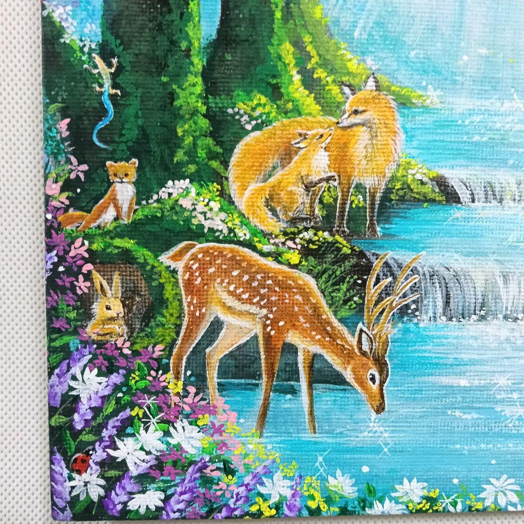 No.580　F3　アクリル画　 動物の森　春の森　風景画　絵画　風景画　桜