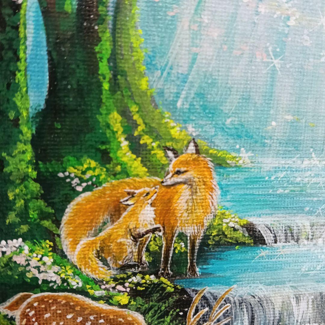 No.580　F3　アクリル画　 動物の森　春の森　風景画　絵画　風景画　桜