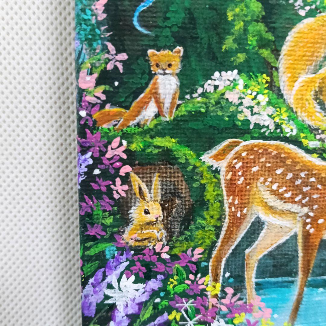 No.580　F3　アクリル画　 動物の森　春の森　風景画　絵画　風景画　桜