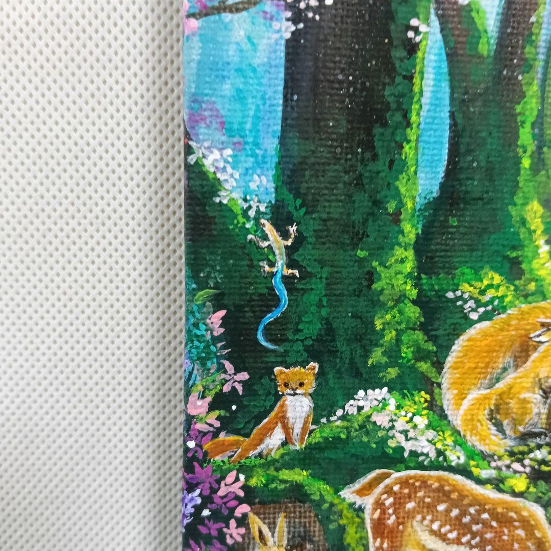 No.580　F3　アクリル画　 動物の森　春の森　風景画　絵画　風景画　桜