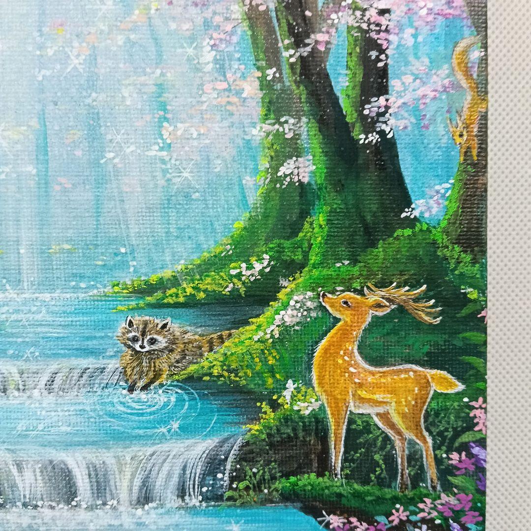 No.580　F3　アクリル画　 動物の森　春の森　風景画　絵画　風景画　桜