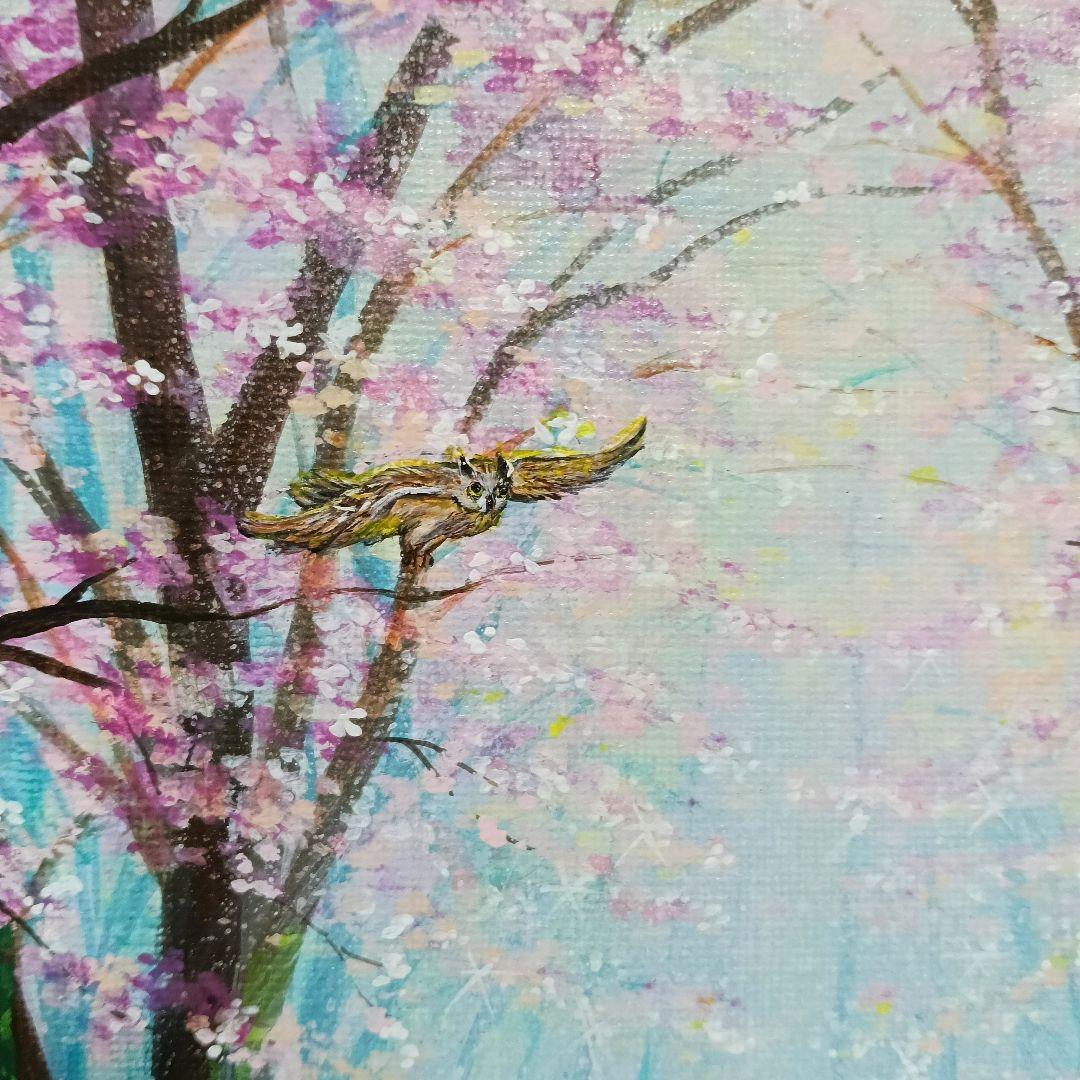 No.580　F3　アクリル画　 動物の森　春の森　風景画　絵画　風景画　桜