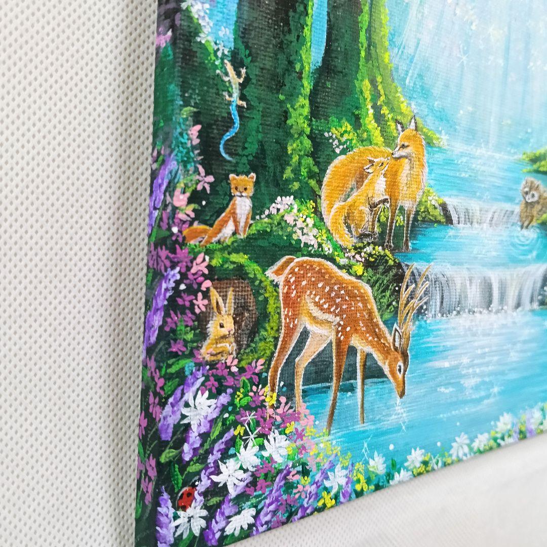 No.580　F3　アクリル画　 動物の森　春の森　風景画　絵画　風景画　桜