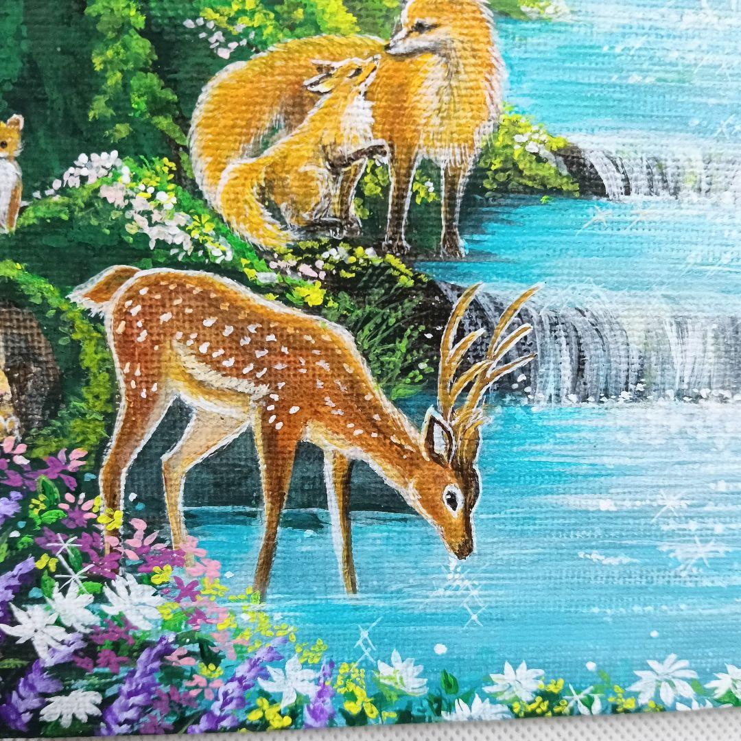 No.580　F3　アクリル画　 動物の森　春の森　風景画　絵画　風景画　桜