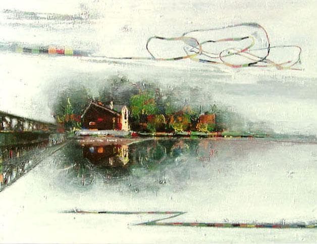 油絵 菅家令子 絵画インテリア額付(青緑＋金色の枠) uF6-062803風景橋