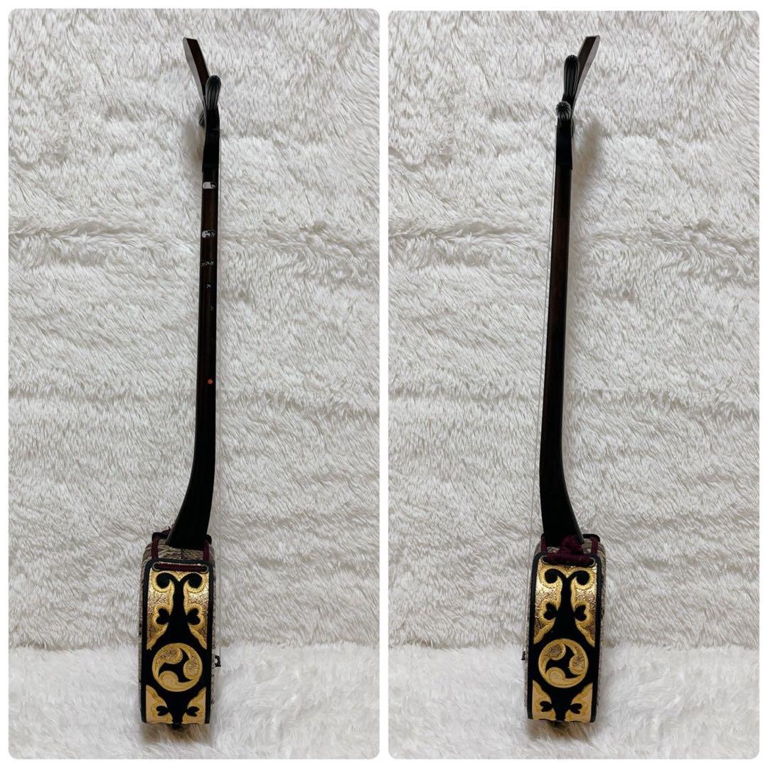 【極美品】沖縄三線 本皮 二重張り 強化張り ソフトケース、爪、弦セット 蝶刻印