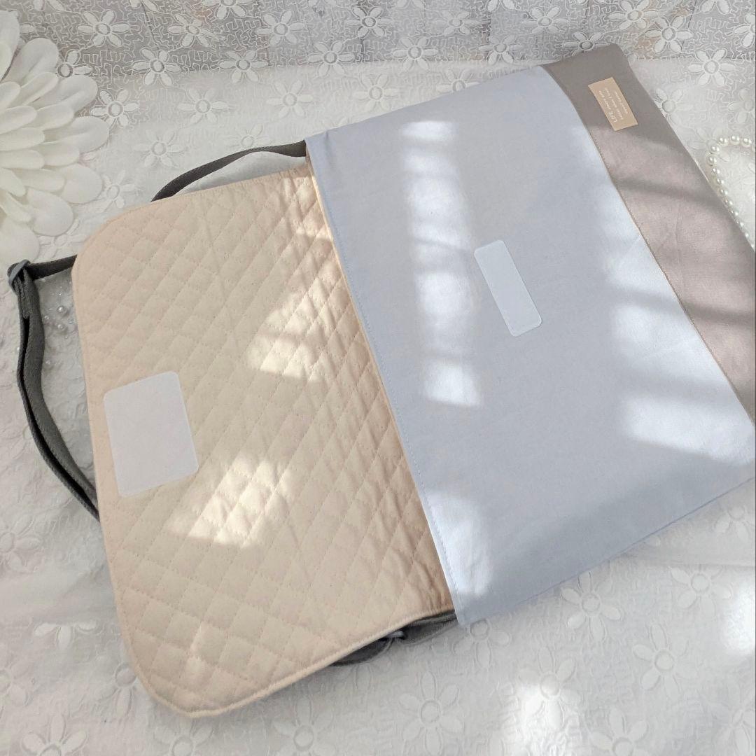 図書袋　絵本袋　通園バッグ　ショルダーバッグ　バイカラー　水色×グレージュ