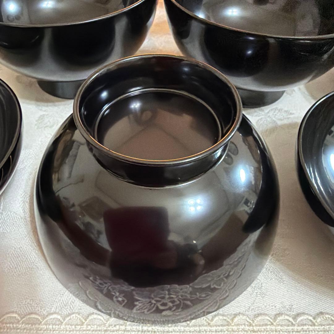 越前塗　祖雅堂　蒔絵　高仙才　波に紅花　蓋付お椀　5客セット　未使用