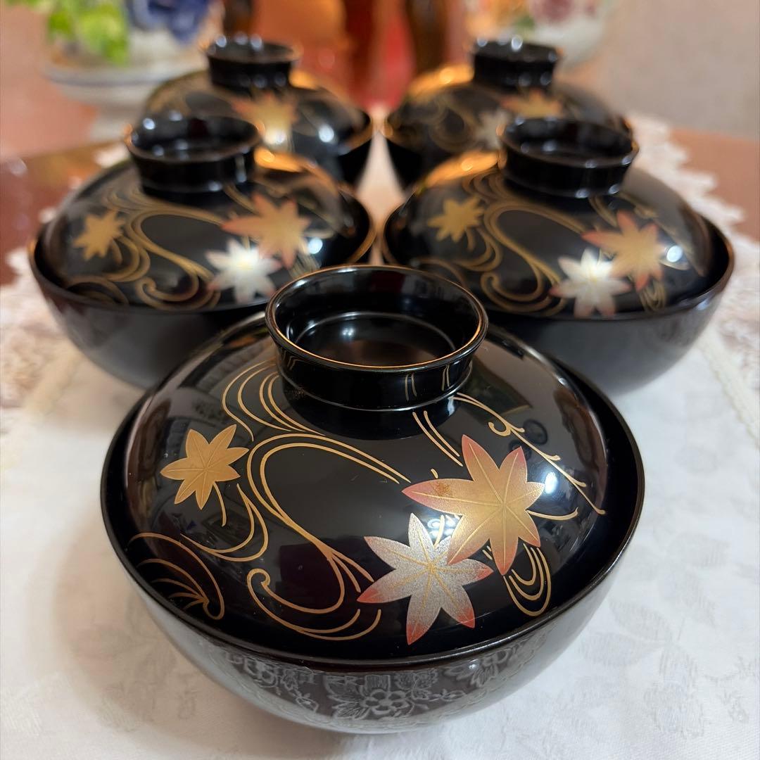 越前塗　祖雅堂　蒔絵　高仙才　波に紅花　蓋付お椀　5客セット　未使用