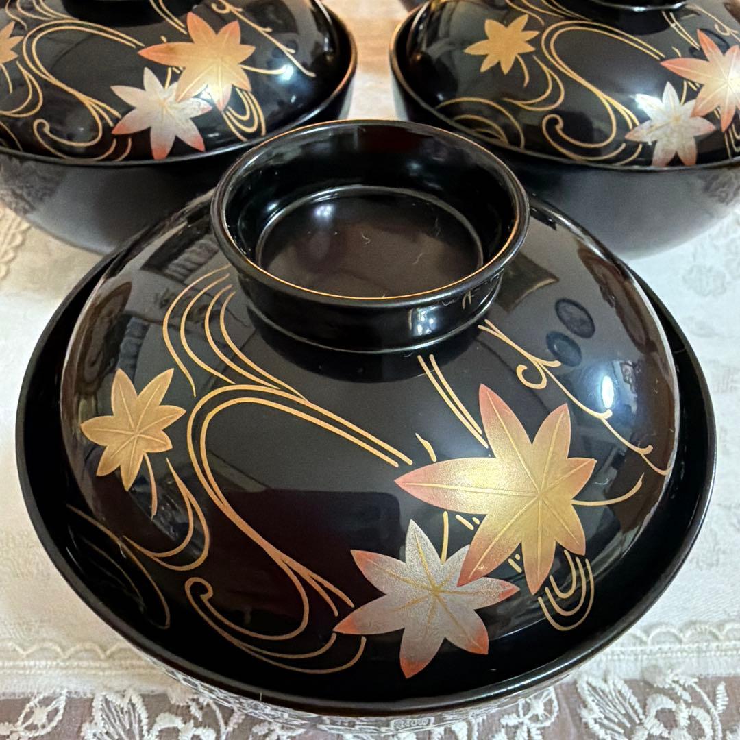 越前塗　祖雅堂　蒔絵　高仙才　波に紅花　蓋付お椀　5客セット　未使用