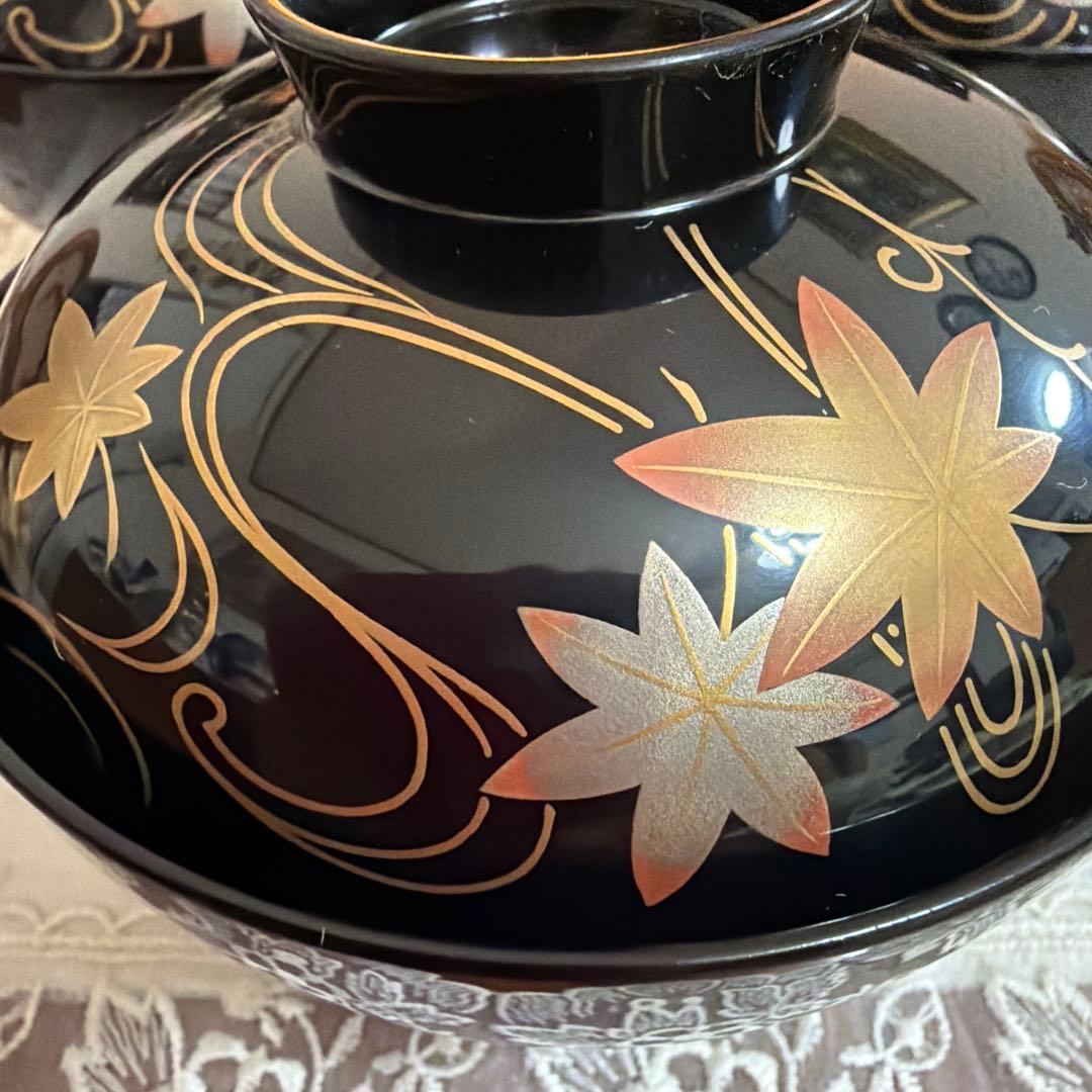 越前塗　祖雅堂　蒔絵　高仙才　波に紅花　蓋付お椀　5客セット　未使用