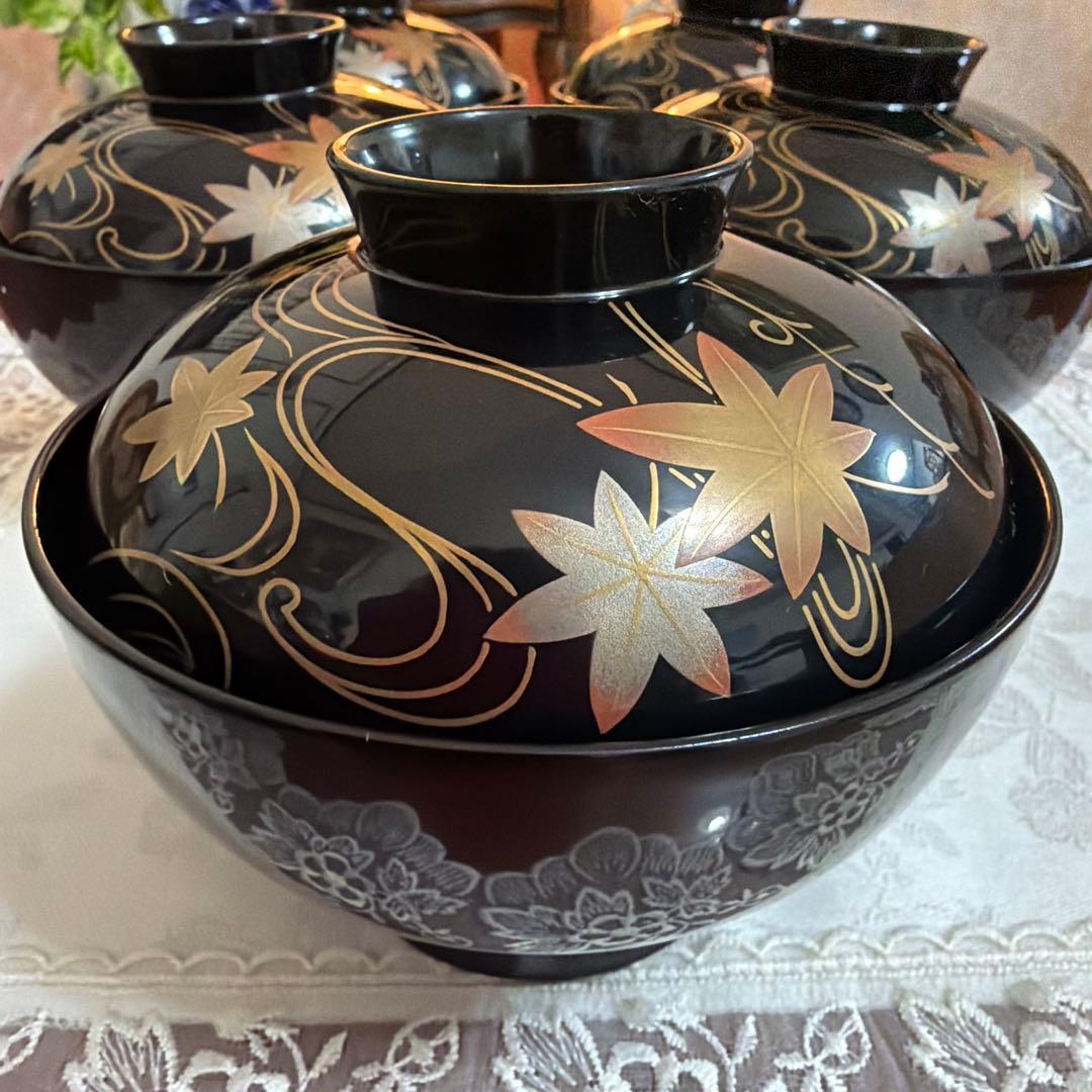 越前塗　祖雅堂　蒔絵　高仙才　波に紅花　蓋付お椀　5客セット　未使用