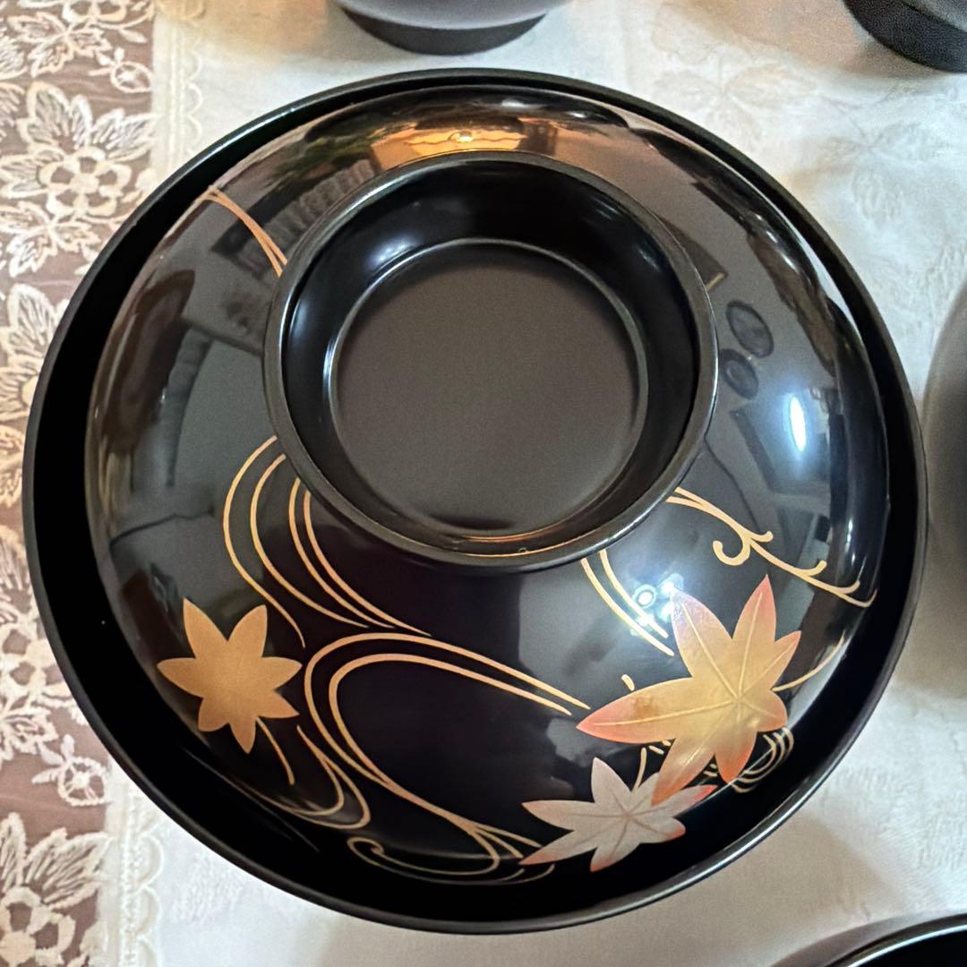 越前塗　祖雅堂　蒔絵　高仙才　波に紅花　蓋付お椀　5客セット　未使用