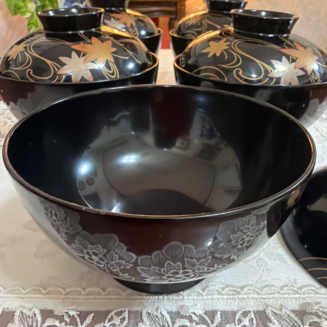 越前塗　祖雅堂　蒔絵　高仙才　波に紅花　蓋付お椀　5客セット　未使用