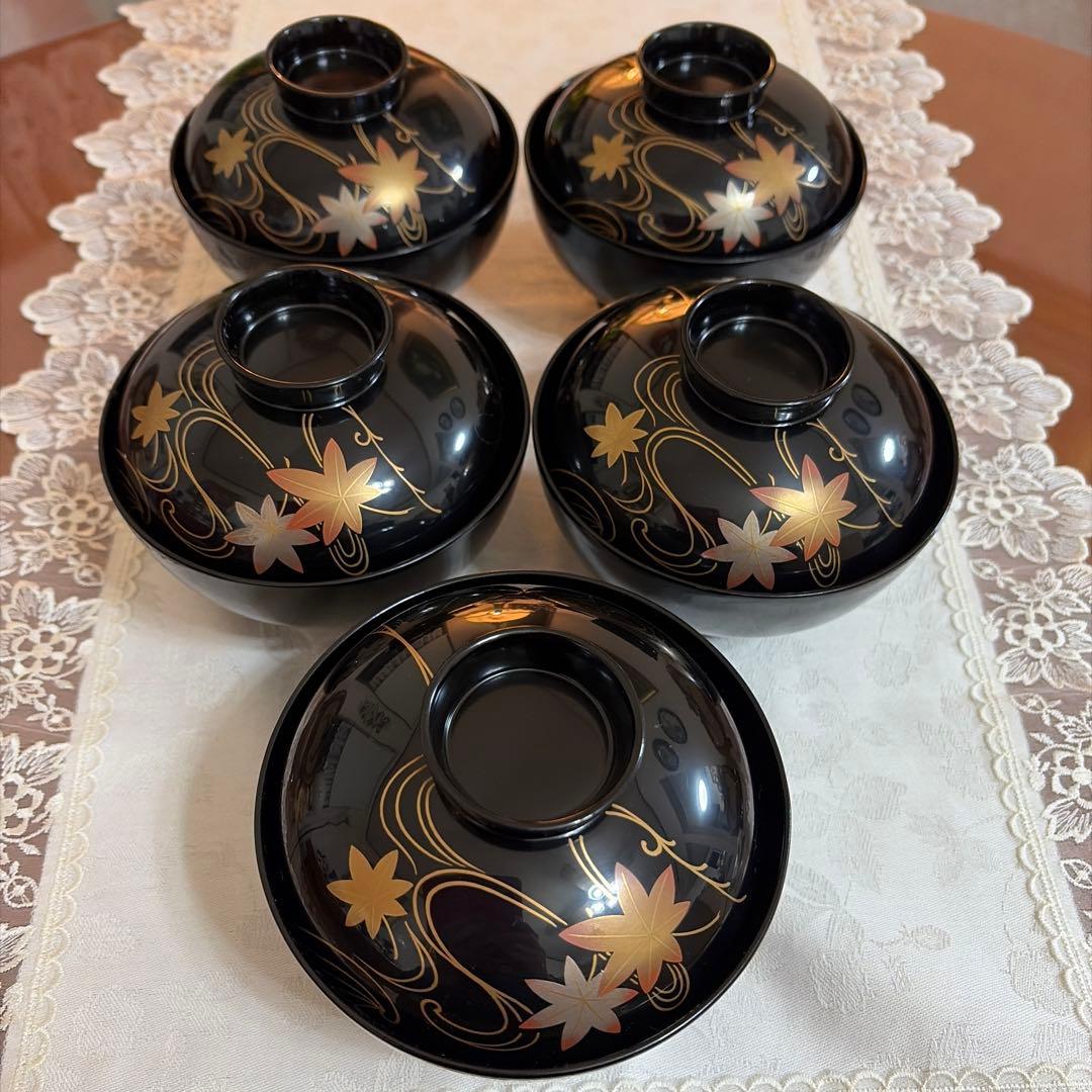 越前塗　祖雅堂　蒔絵　高仙才　波に紅花　蓋付お椀　5客セット　未使用