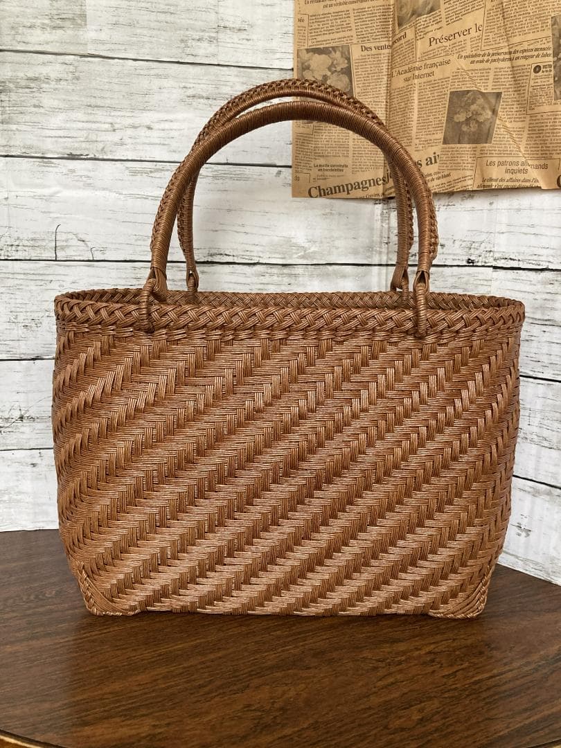 【きみしぐれ】　四本幅網代編みかごバッグ　無臭柿渋塗り