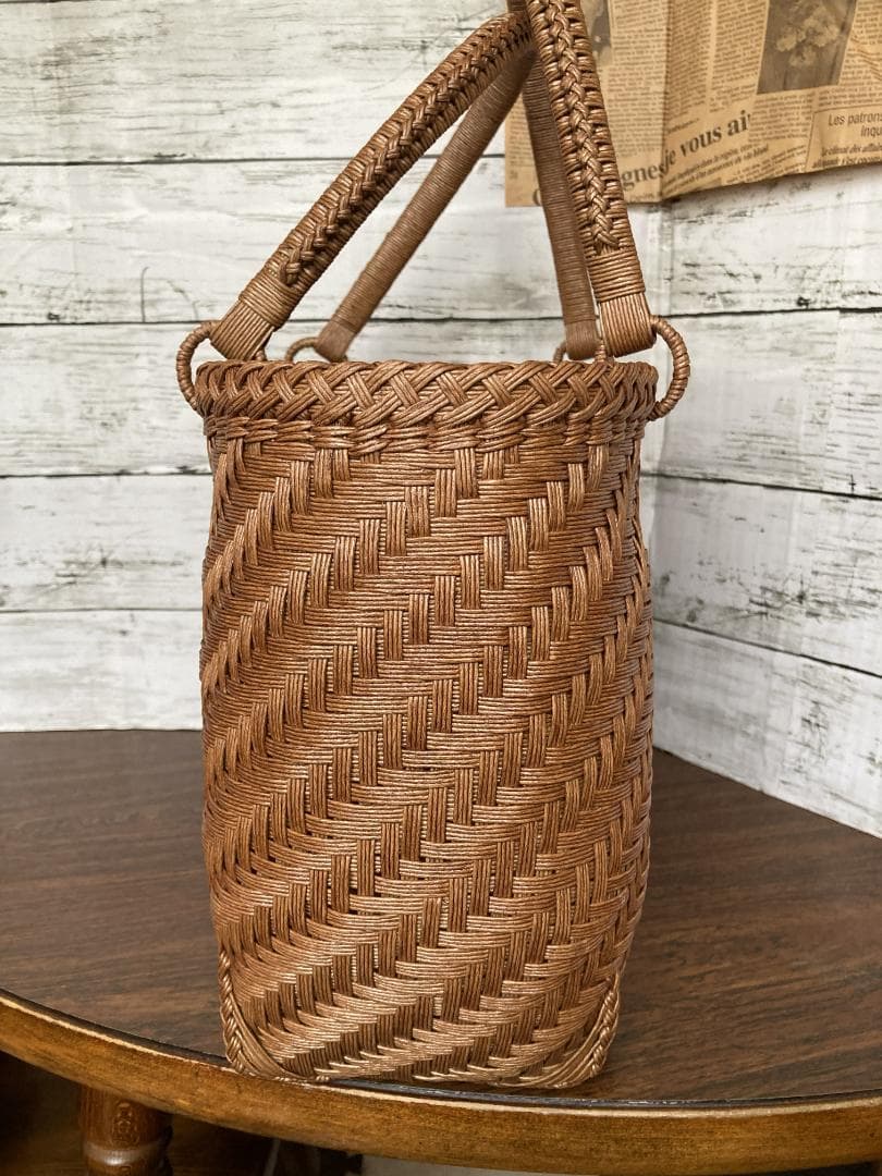 【きみしぐれ】　四本幅網代編みかごバッグ　無臭柿渋塗り