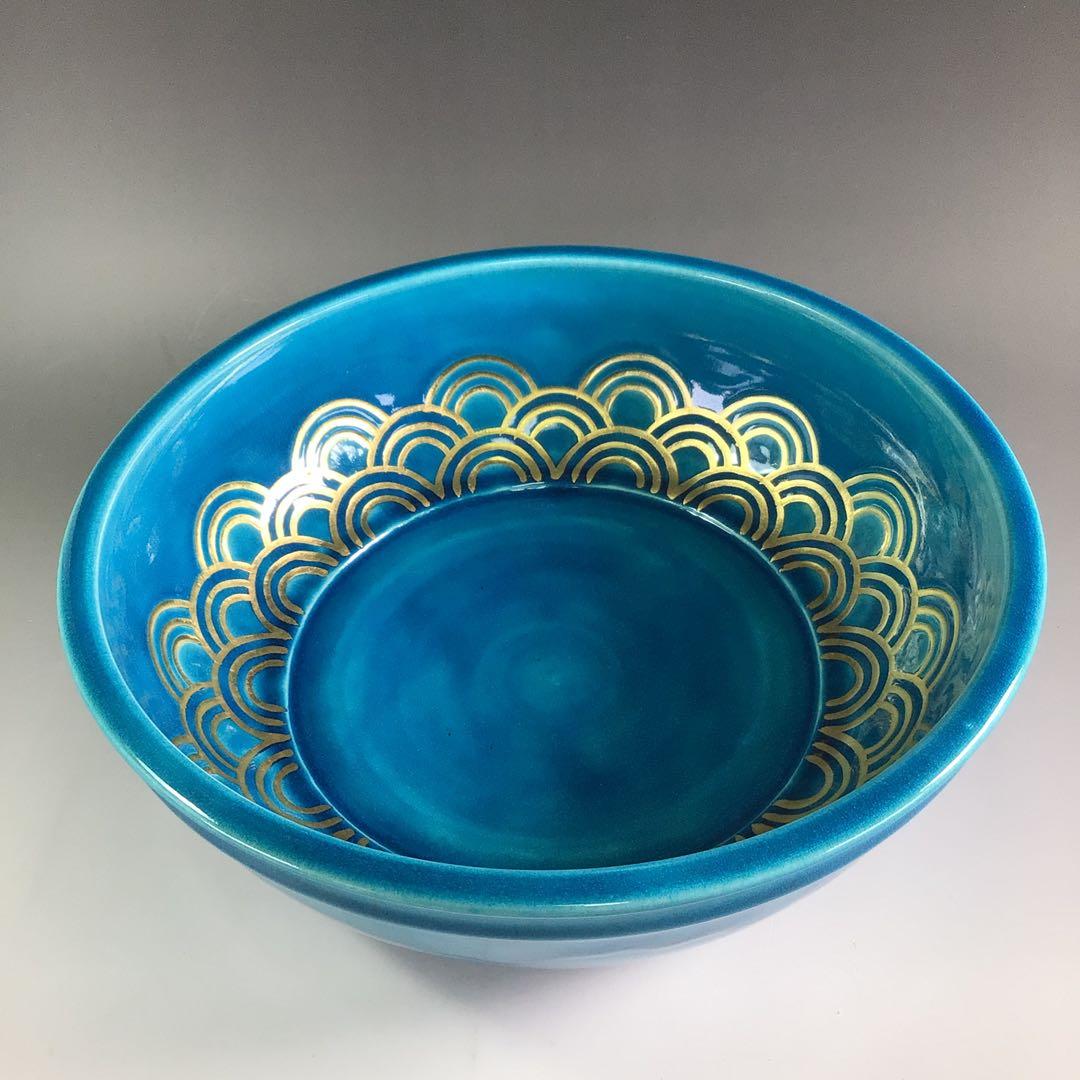 Ｐ８５８　水指　『加賀瑞山造』『トルコ釉』『青海波文』『平水指』　共箱　茶道具