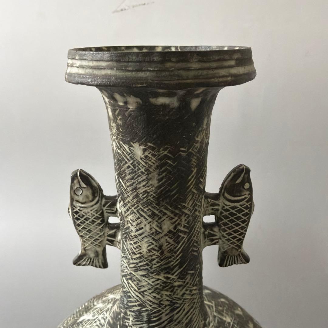 炻器双魚耳付 花挿 花入 安原喜明 作