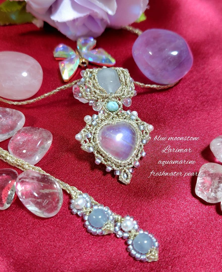 ♡ブルームーンストーン（ペリステライト）ラリマーなどマクラメネックレス