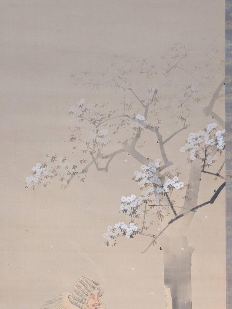 【真作】掛軸　松元楓湖　桜下武者図　日本画　武者絵掛軸　合箱入　U140