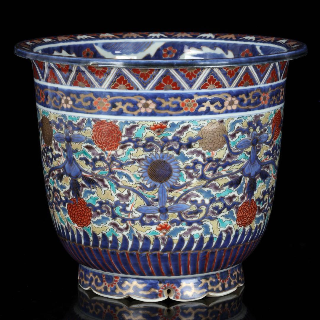 【古伊万里】色絵金彩大鉢 菊牡丹文様 植木鉢 蘭鉢 盆栽鉢 火鉢 骨董 古美術