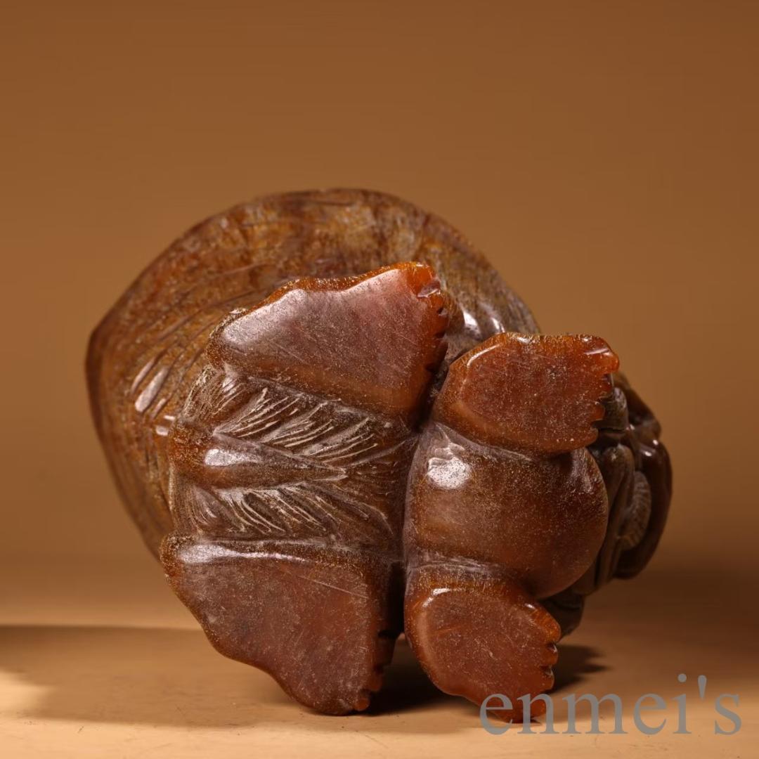 中国古美術 旧蔵『清代 牛角 獸酒杯 一対』酒具 高浮彫 老漆器箱付 文房置物