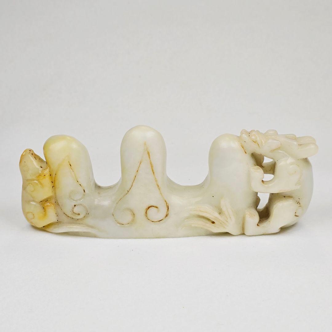 渡来品 文房具 本物和田白玉 手彫 清代 望子成龍 辰龍子鼠紋 筆架 置物 文鎮