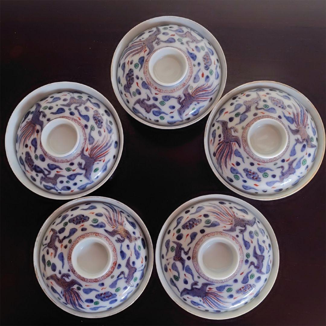 九谷焼　錦絵 金彩 蓋付き茶碗 飯茶碗 茶碗 5客 鳳凰 アンティーク 春