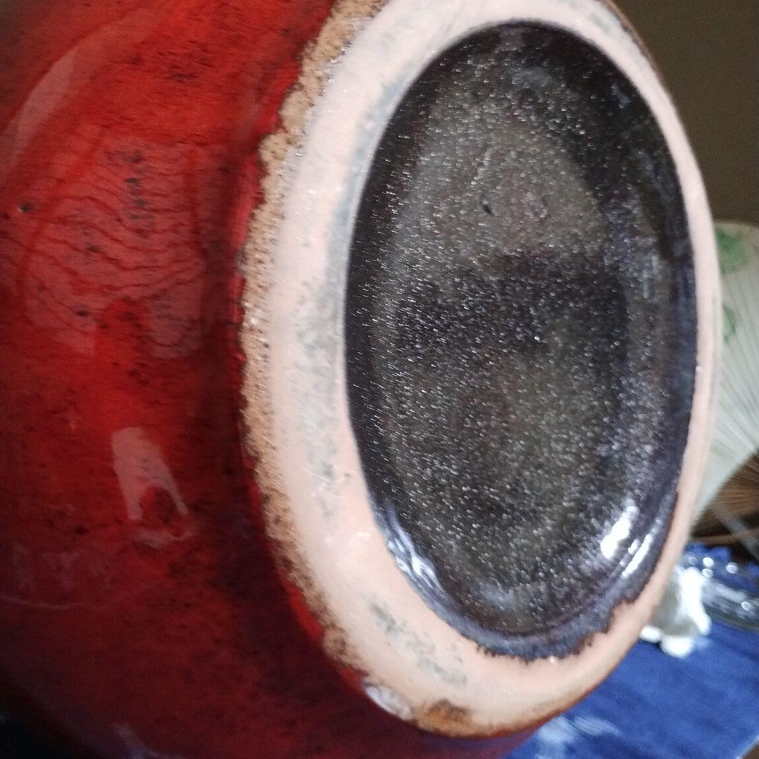 大きい 持ち手付き陶器花瓶 　赤と濃い茶のグラデーション　昭和