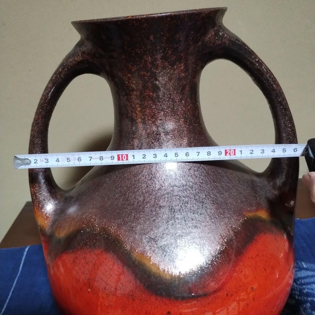 大きい 持ち手付き陶器花瓶 　赤と濃い茶のグラデーション　昭和