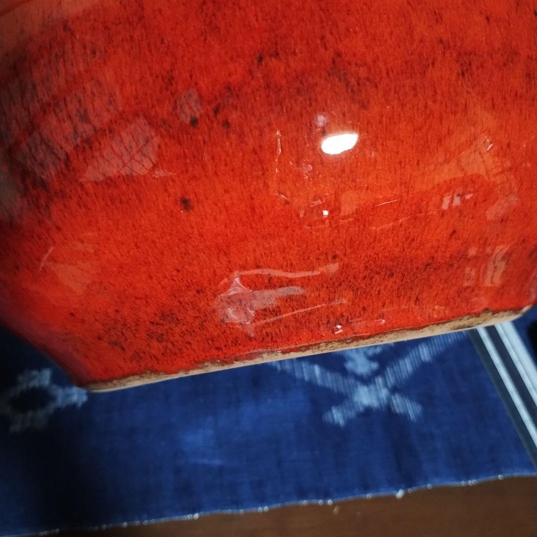 大きい 持ち手付き陶器花瓶 　赤と濃い茶のグラデーション　昭和