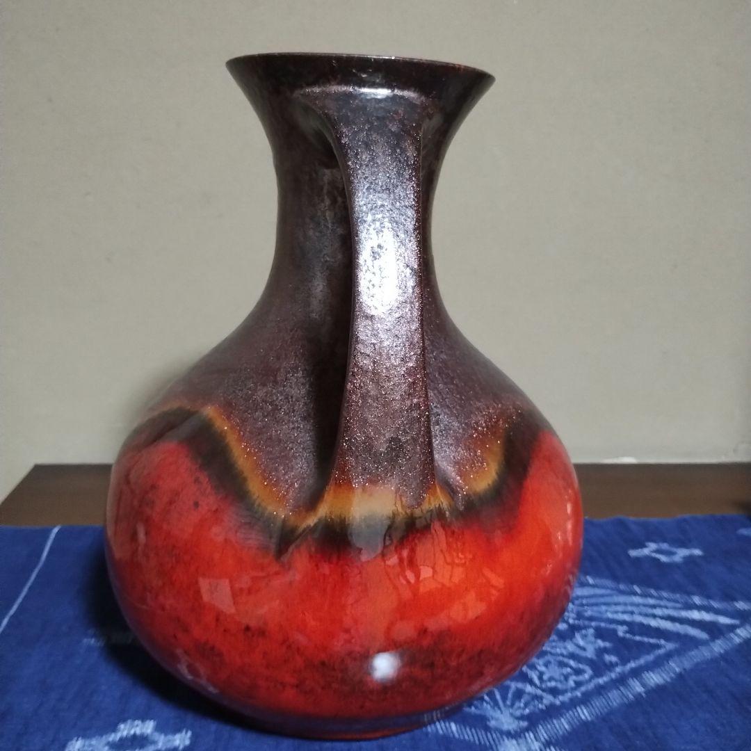 大きい 持ち手付き陶器花瓶 　赤と濃い茶のグラデーション　昭和