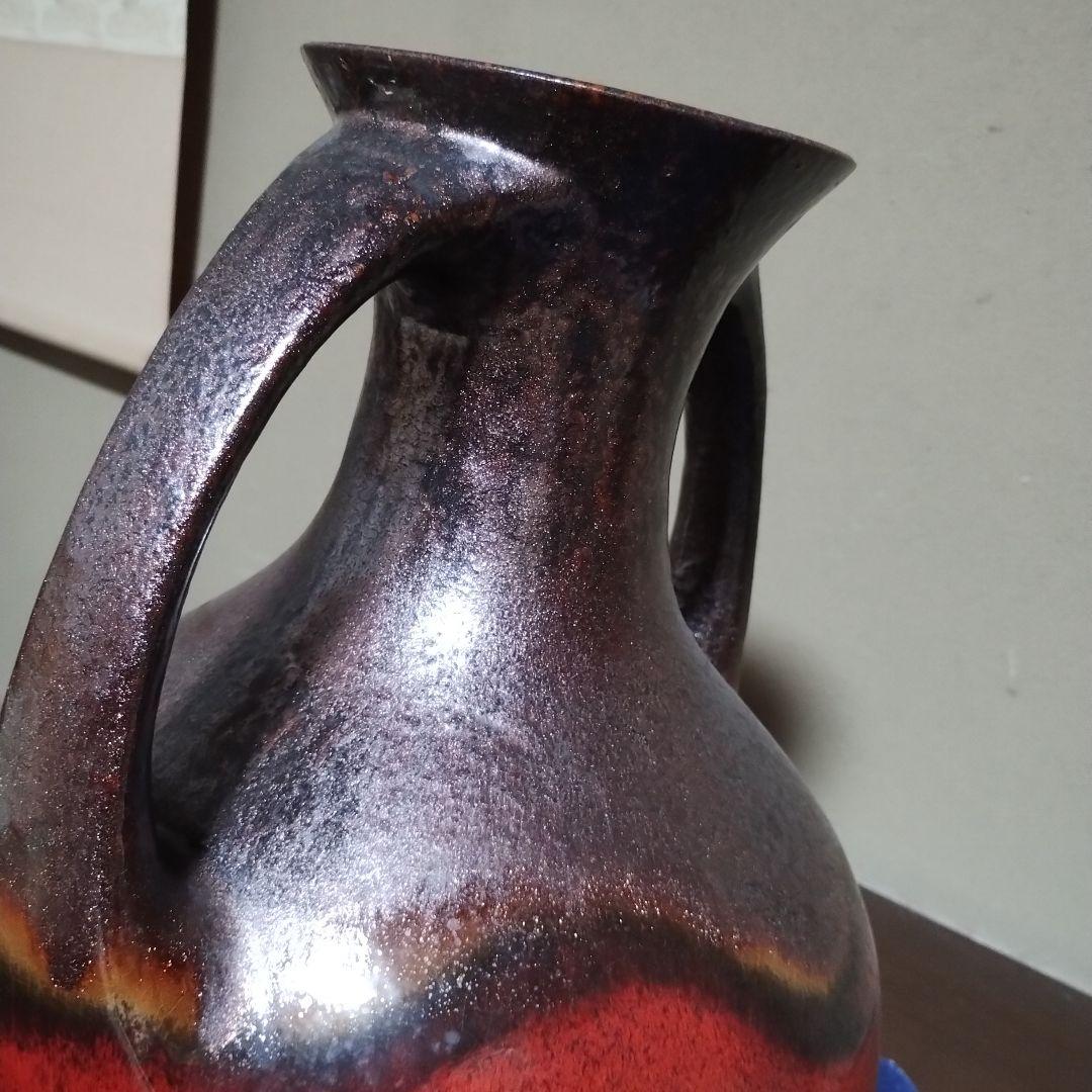 大きい 持ち手付き陶器花瓶 　赤と濃い茶のグラデーション　昭和