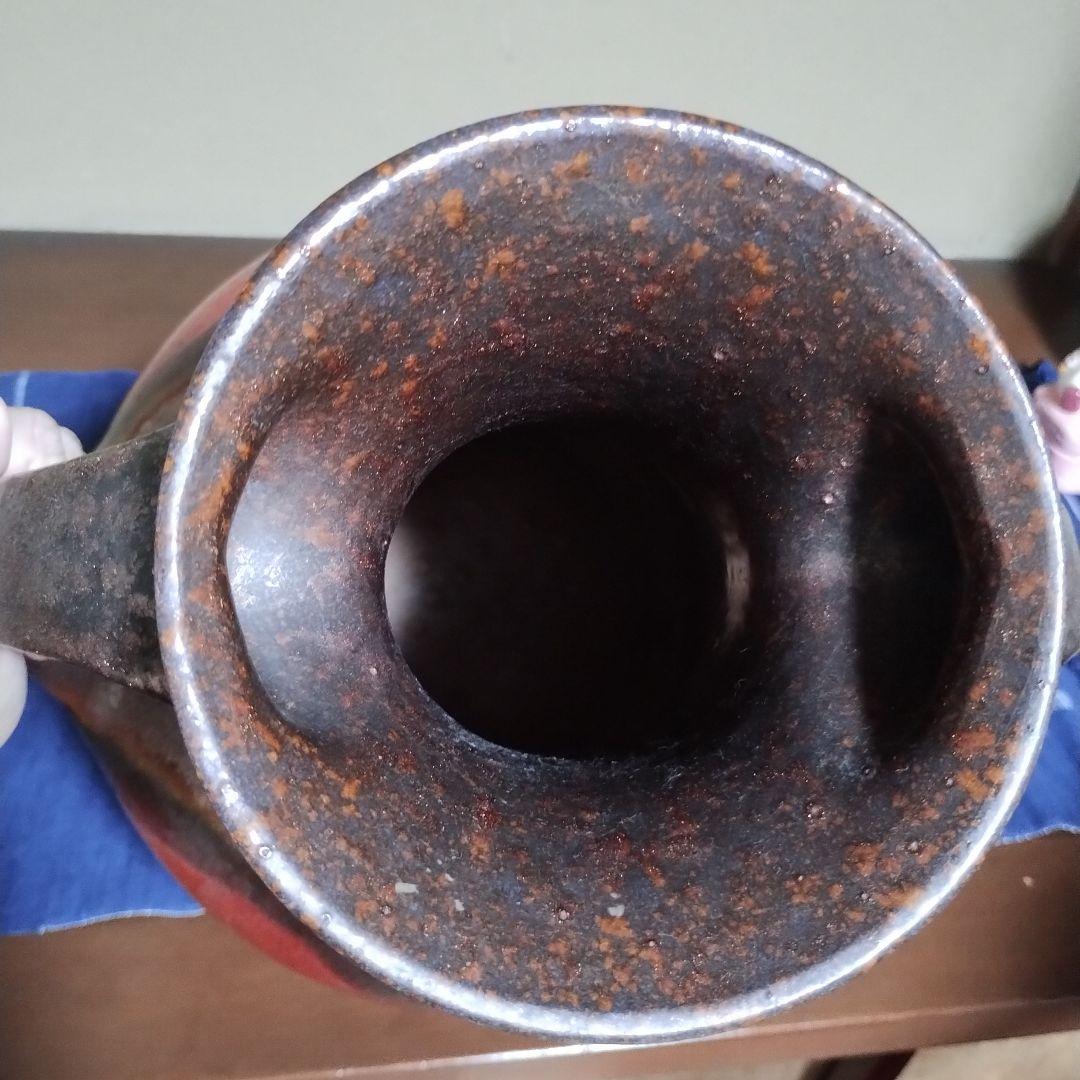 大きい 持ち手付き陶器花瓶 　赤と濃い茶のグラデーション　昭和