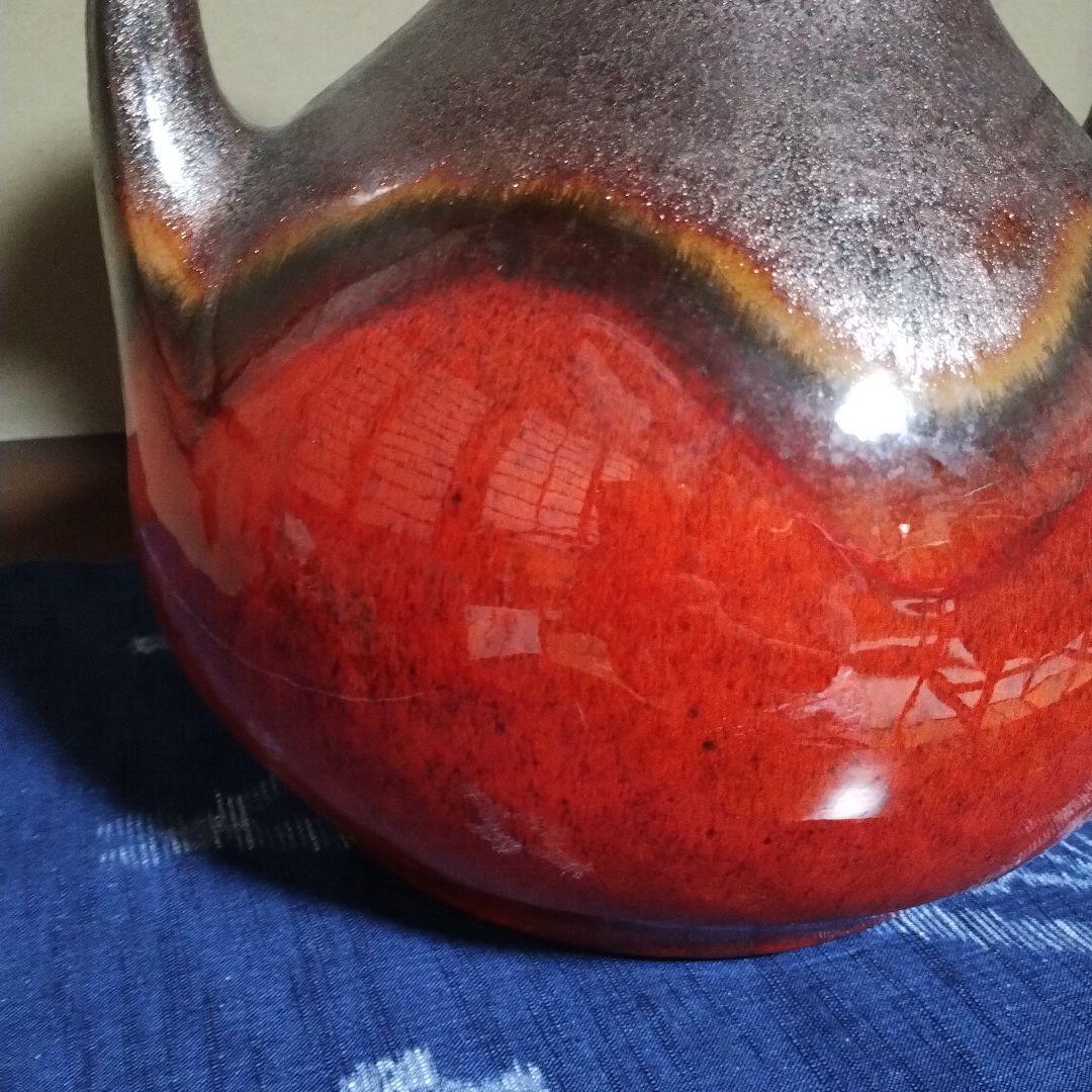 大きい 持ち手付き陶器花瓶 　赤と濃い茶のグラデーション　昭和