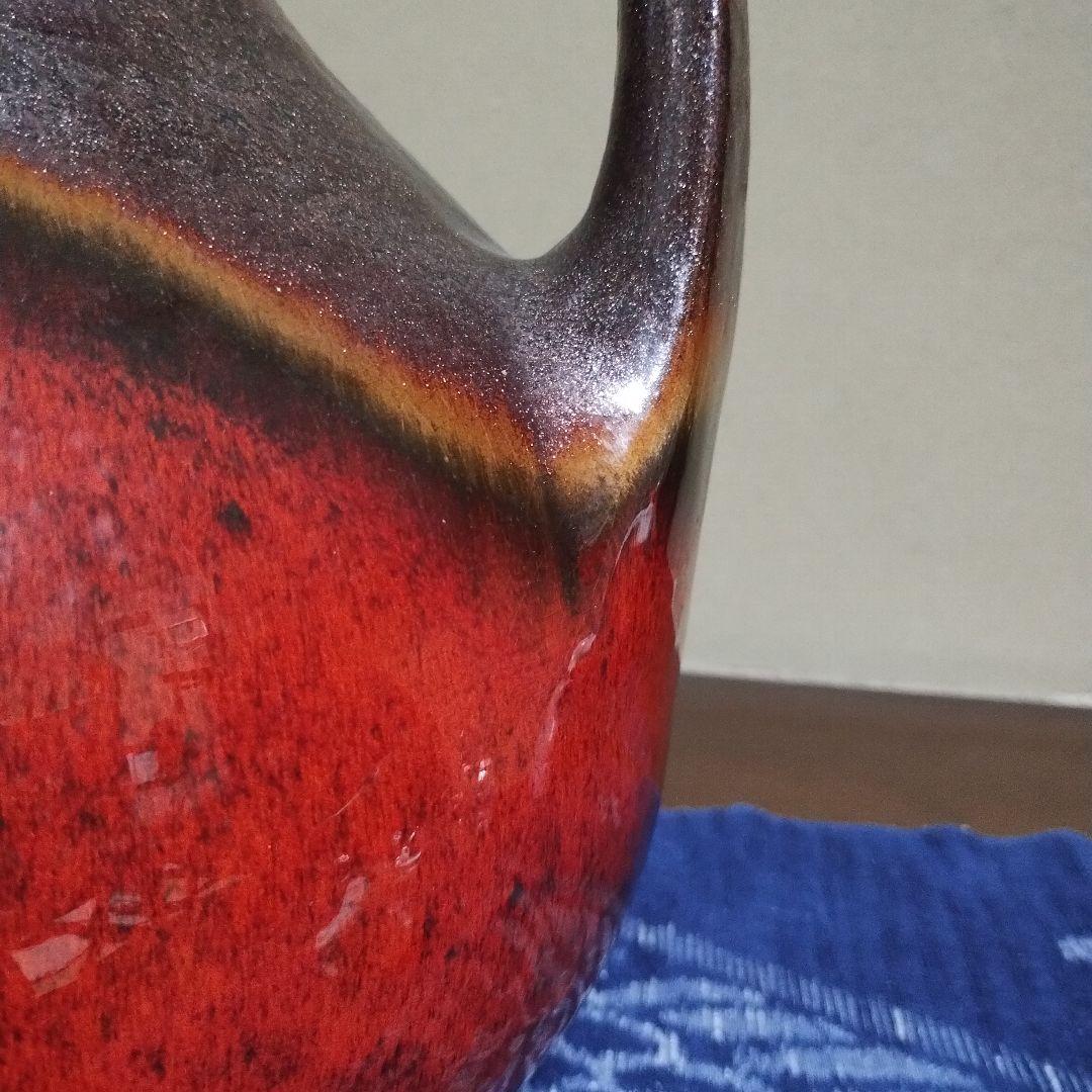 大きい 持ち手付き陶器花瓶 　赤と濃い茶のグラデーション　昭和