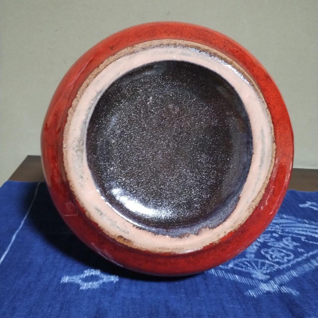大きい 持ち手付き陶器花瓶 　赤と濃い茶のグラデーション　昭和