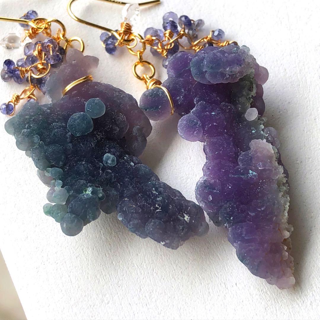 天然石♡超大粒♡ぽこぽこシルキーグレープアゲート×アイオライトのピアス14kgf