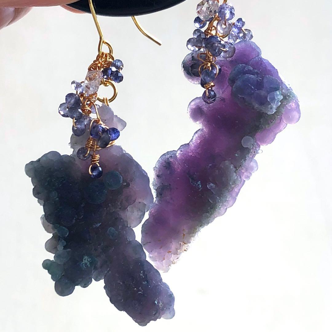 天然石♡超大粒♡ぽこぽこシルキーグレープアゲート×アイオライトのピアス14kgf